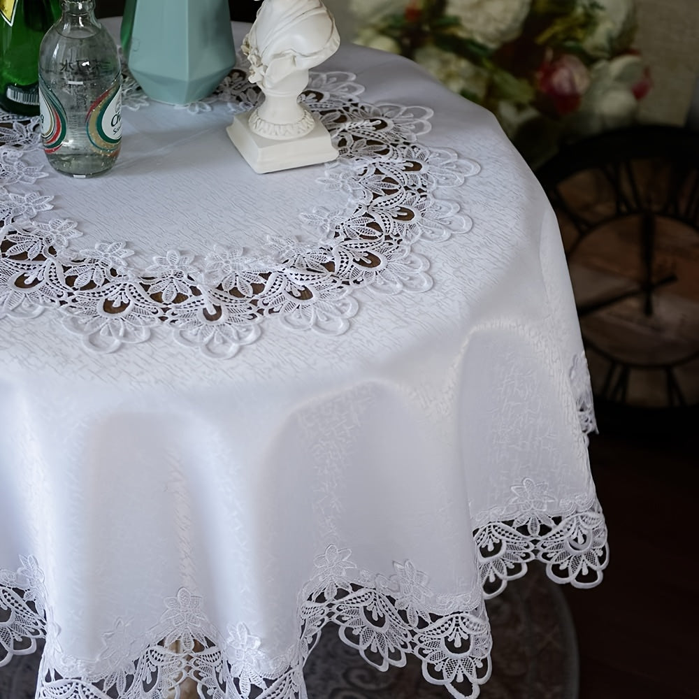 White Polyester Round Tablecloth 32 Inch Diameter Floral Design for Holiday Decor