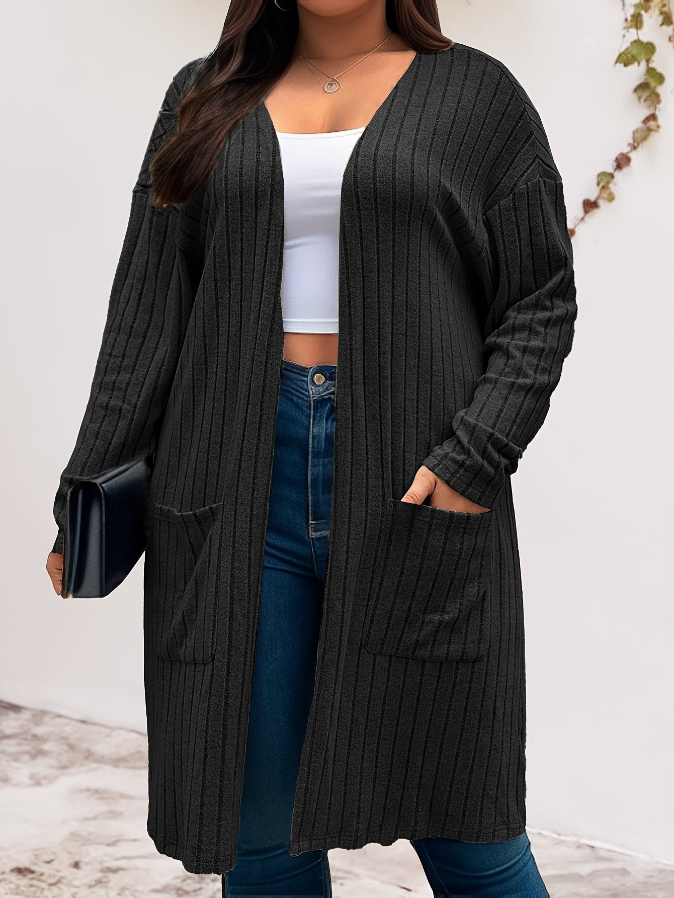 Plus Size Ribbed Open Front Knit Top Long Sleeve Spring Fall Women's Clothing