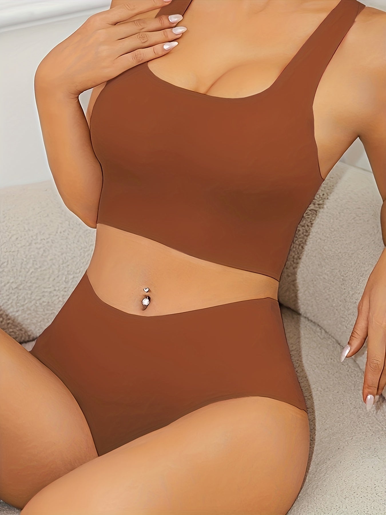 Seamless Wireless Racerback Lingerie Set with Matching Elastic Panties for Women