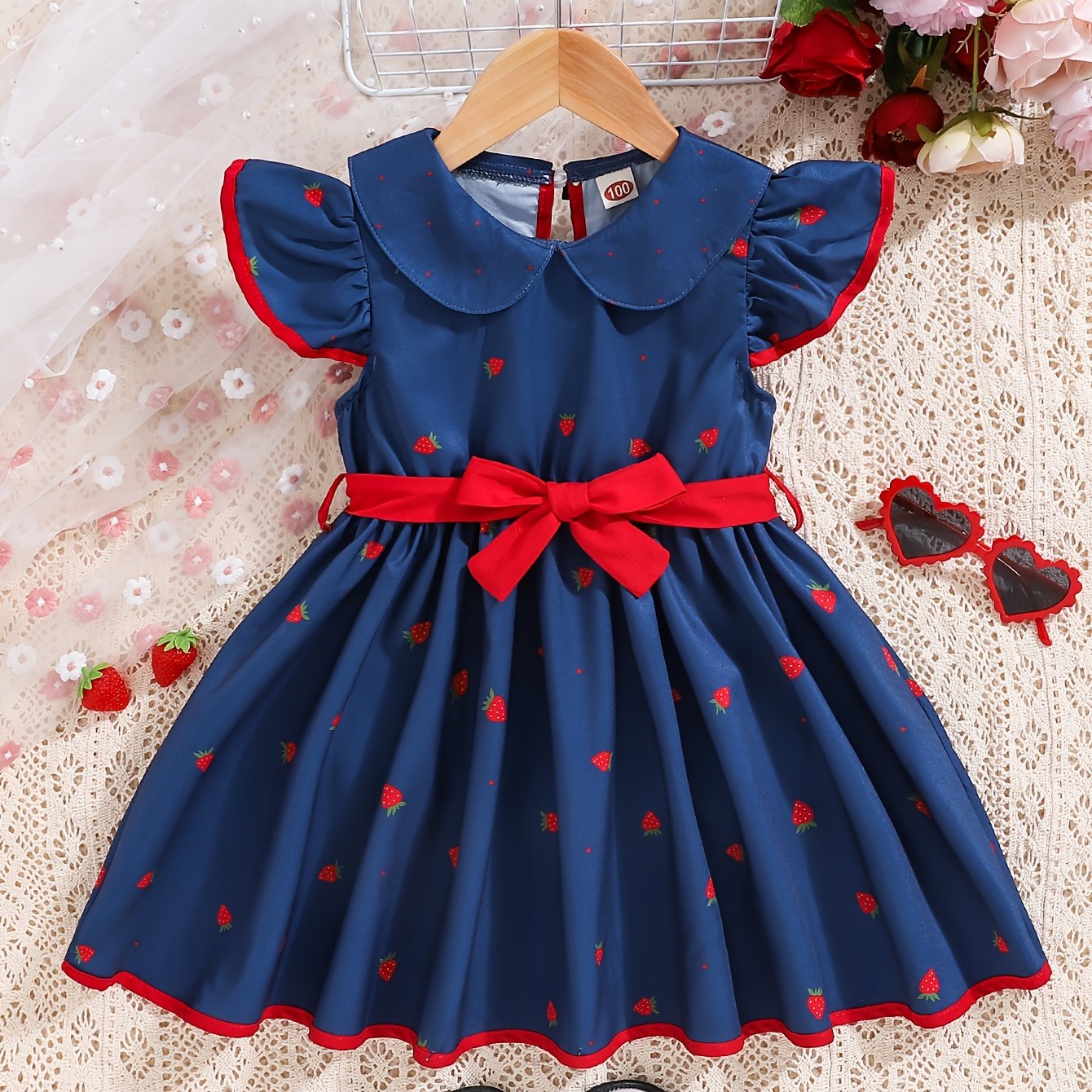 Girls' Summer Dress with Strawberry Print Ruffle Hem Polyester Belt for Children