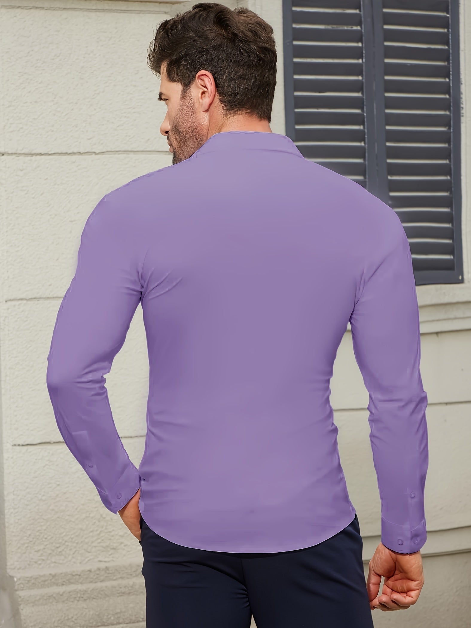 Men's Solid Color Woven Cotton Spandex Long Sleeve Shirt for Casual Wear