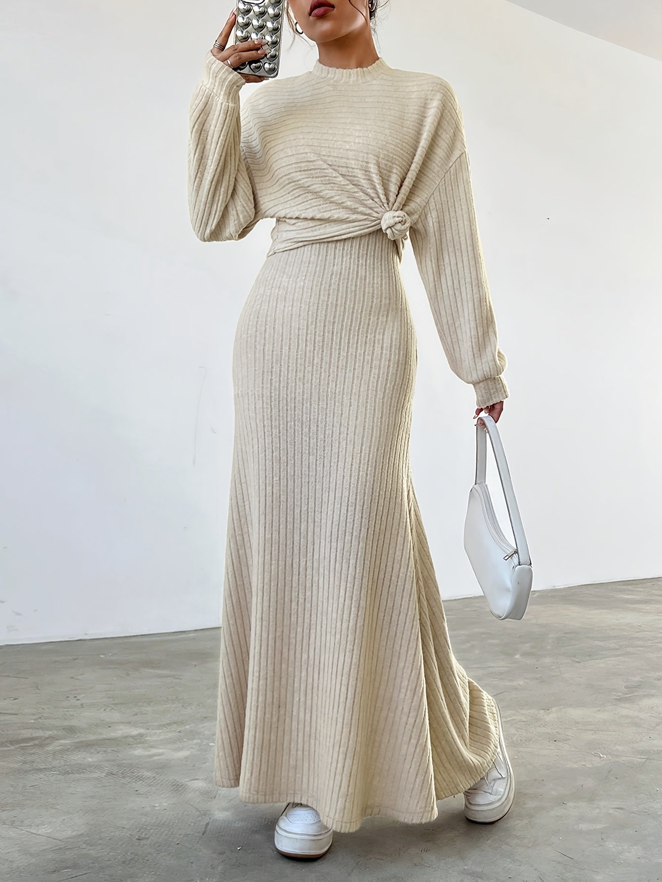 Women's Ribbed Knit Two-Piece Set Off-Shoulder Crop Top A-Line Skirt Casual Chic