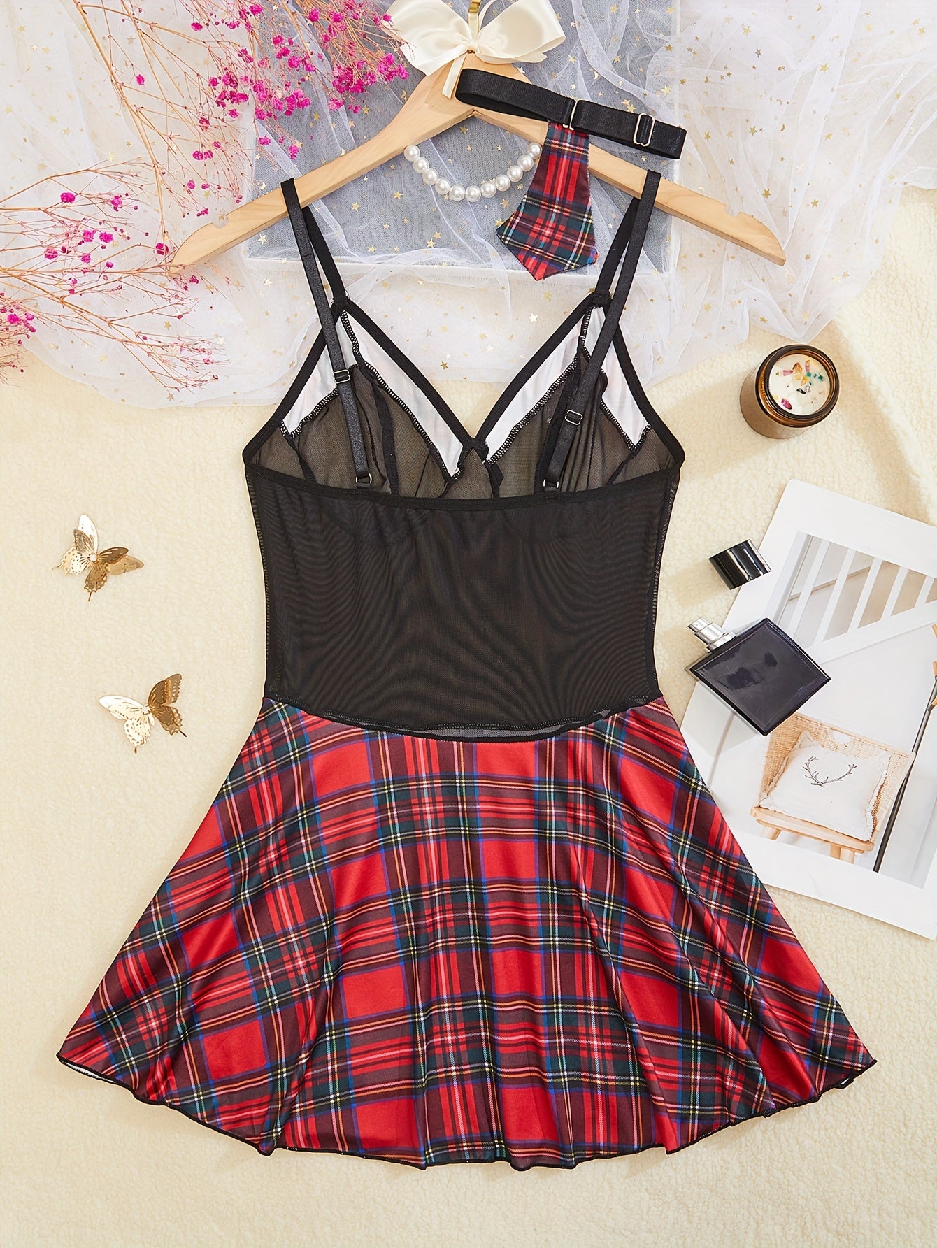 Women's Mesh Cosplay Lingerie Costume with Plaid Pattern and See-Through Stitching