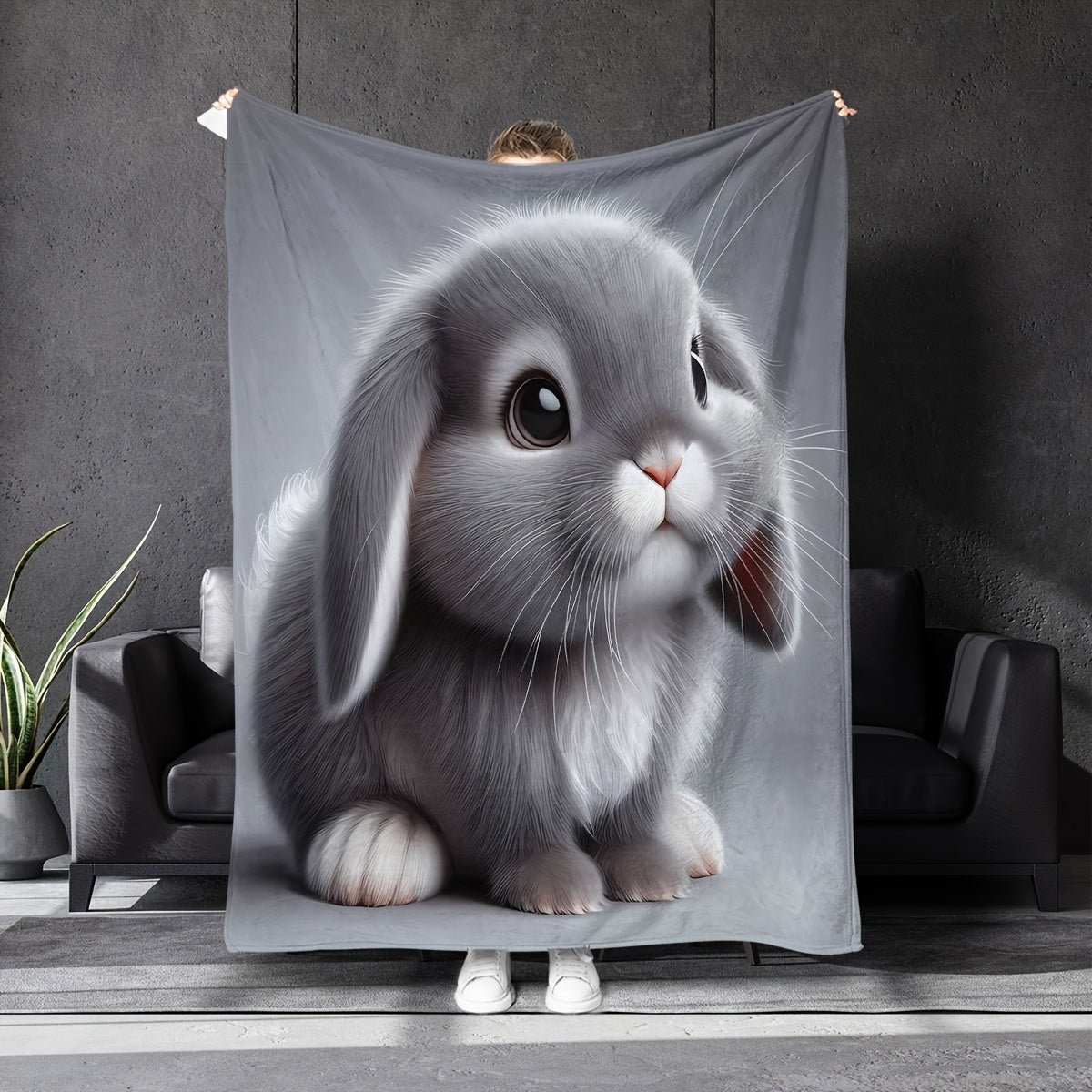 Gray Plush Rabbit Blanket Soft 3D Cartoon Cuddle Throw for Couch Bed Car