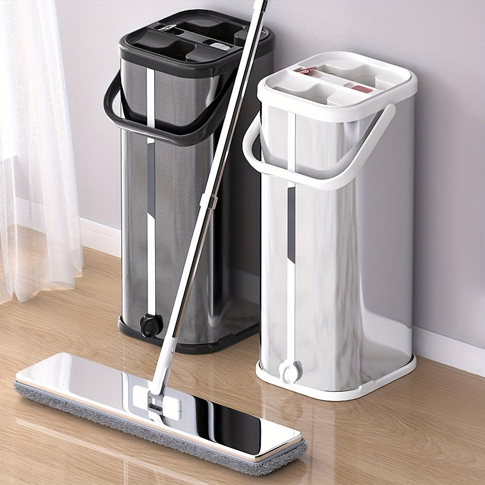 Juego de fregona plana y cubo de acero inoxidable con cabezal de microfibra para limpieza en seco y húmedo