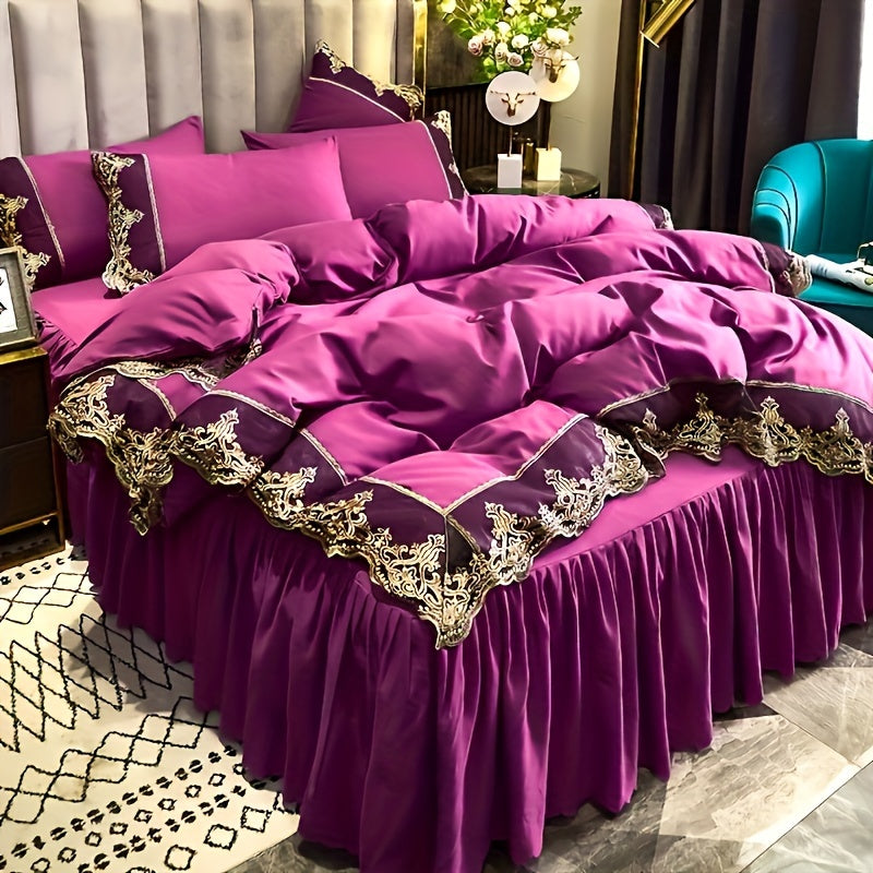 Luxury Polyester Duvet Cover Set with Golden Lace Accents, Solid Color, Zipper Closure