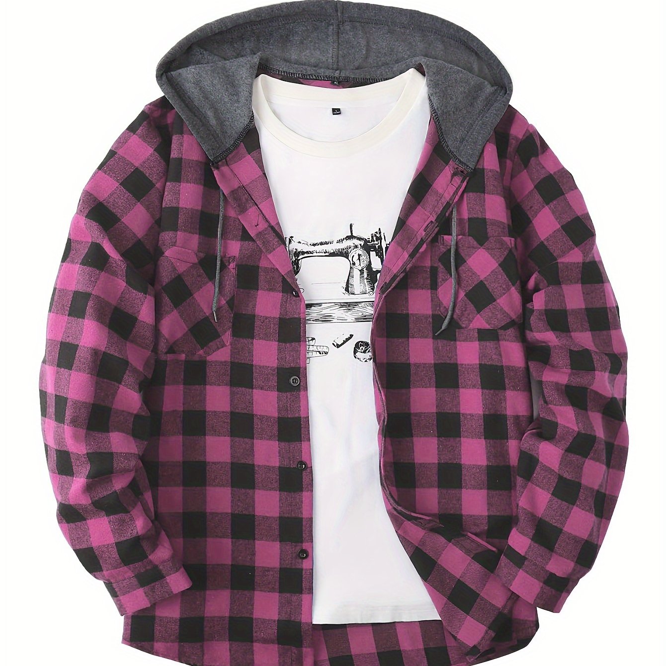 Men's Plaid Polyester Hooded Button-Up Jacket for Casual Sports Style