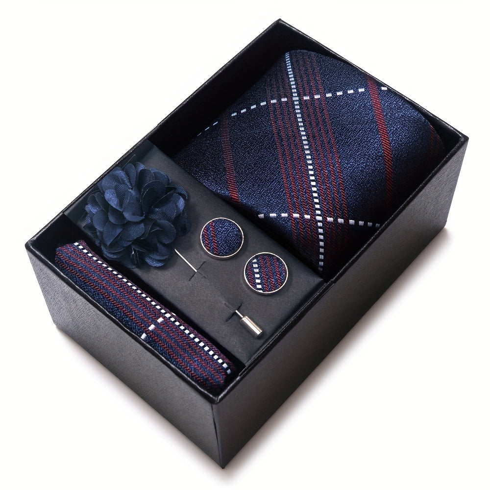Set of 5 Men's Accessories Dark Blue Striped Necktie Hanky Cufflinks Brooch for Wedding or Business