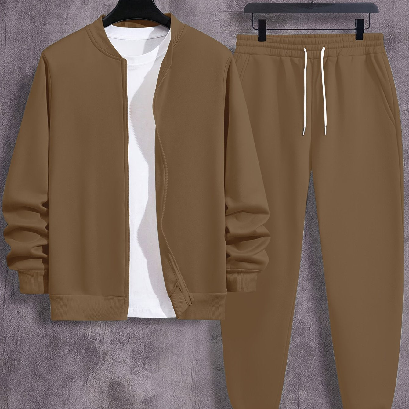 Men's Plus Size Casual Sweatsuit Set with Collared Neck Polyester Knit Solid