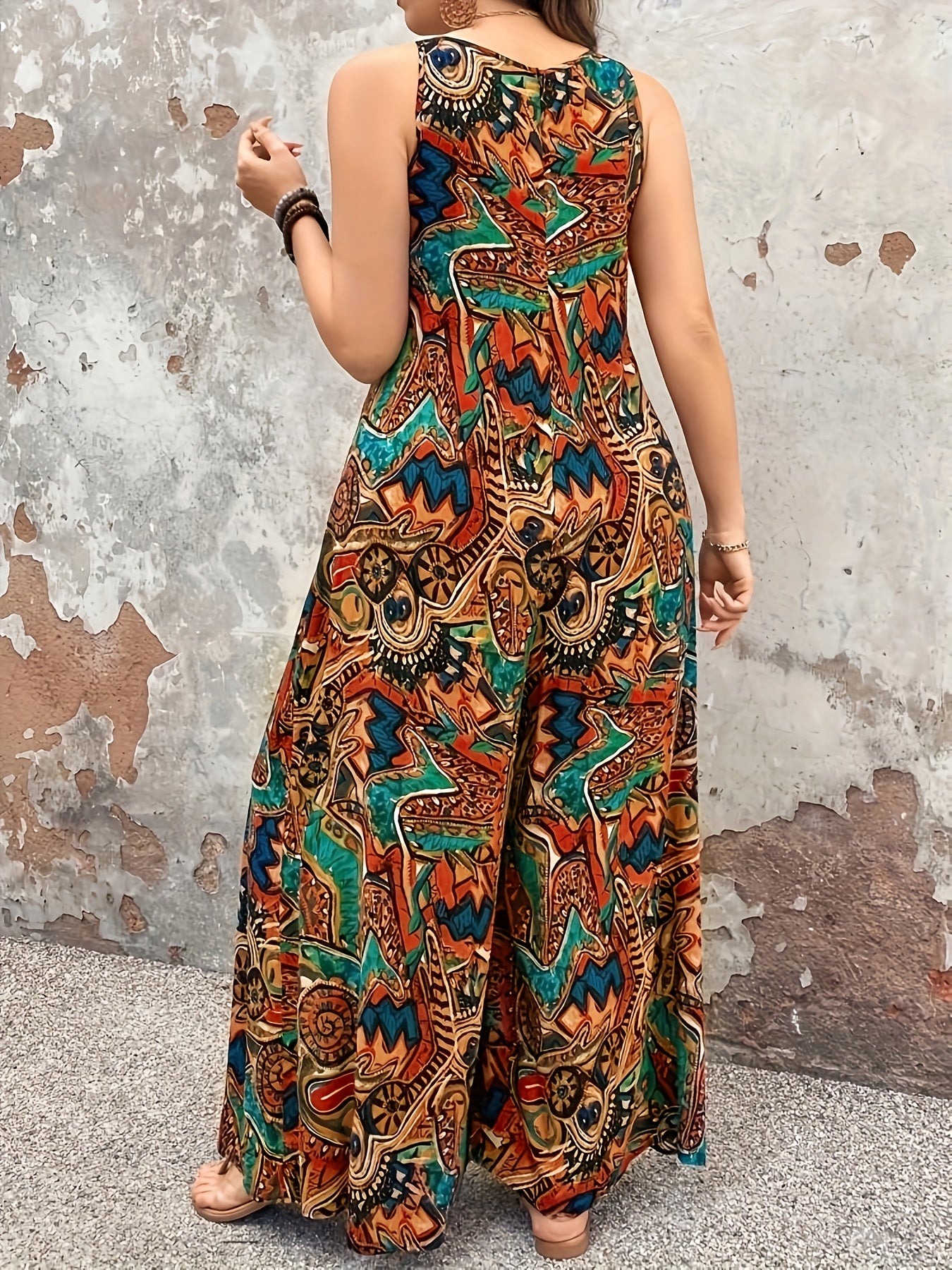 Plus Size Women's Linen V-Neck Sleeveless Jumpsuit with Floral Print