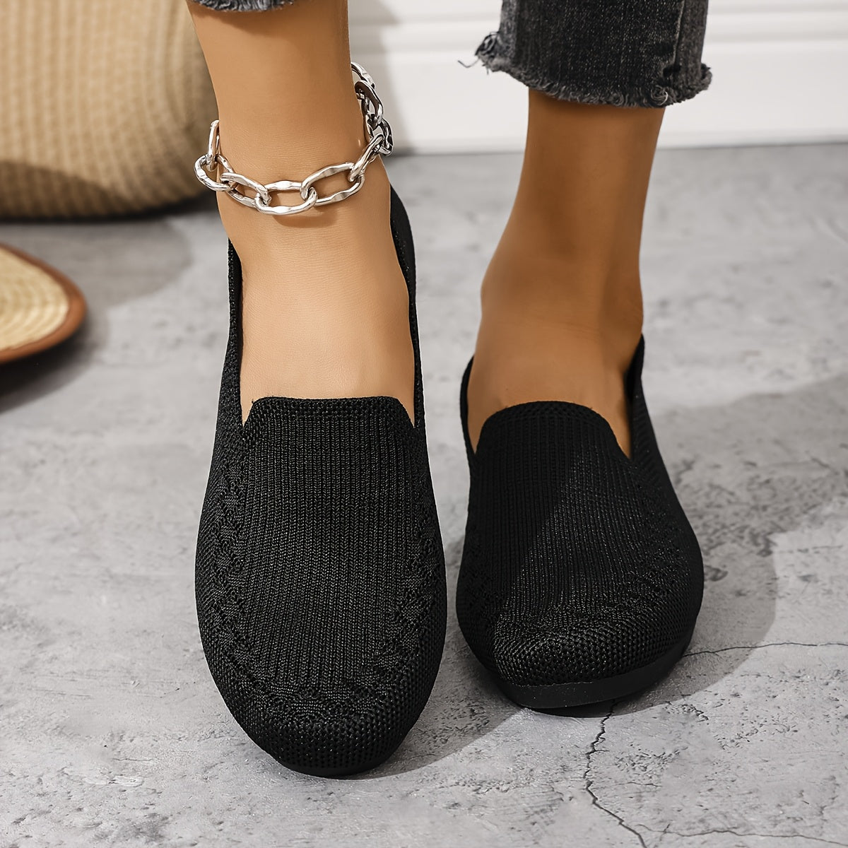 Women's Knit Slip-On Loafers Breathable Red All-Season Shoes