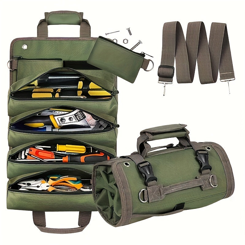 Multi-Pocket Roll-Up Tool Organizer Bag Waterproof Polyester for Electricians Mechanics Black