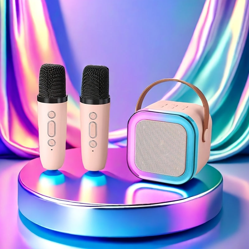 Ikki simsiz mikrofon va rangli chiroqlar bilan jihozlangan portativ karaoke dinamik, oilaviy tug'ilgan kunlar va ochiq havoda sayohatlar uchun ideal.