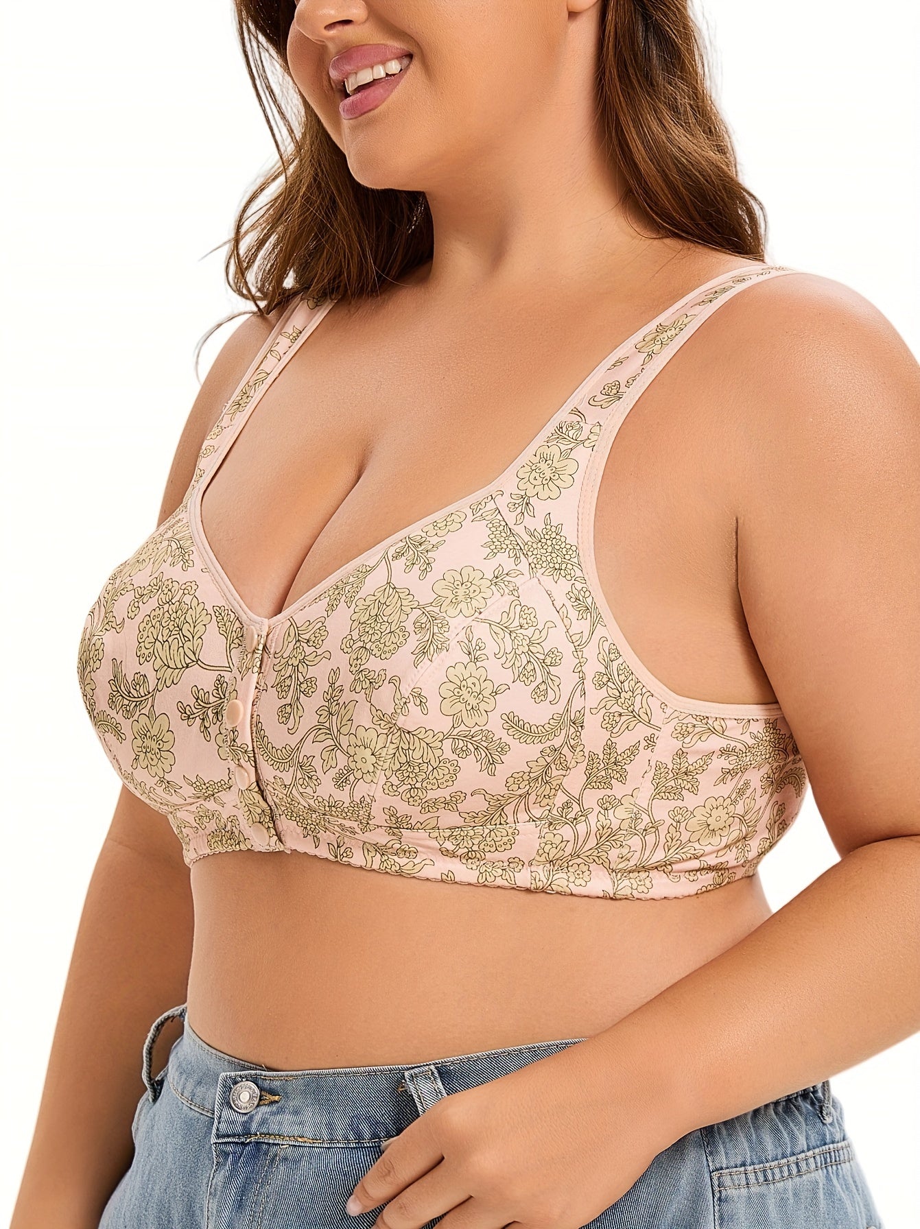 Plus Size Floral Knit Wireless Bralette with Front Button No Padding