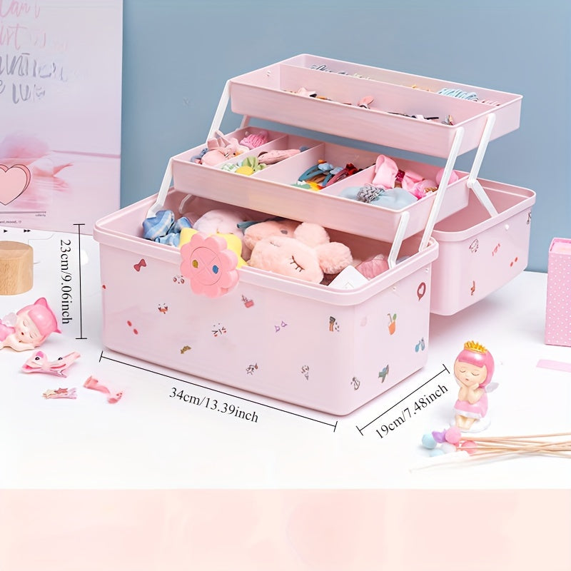 Qizlar uchun zargarlik buyumlari va soch aksessuarlari uchun ko‘p qavatli va qopqog‘li pushti soch aksessuari saqlash qutisi