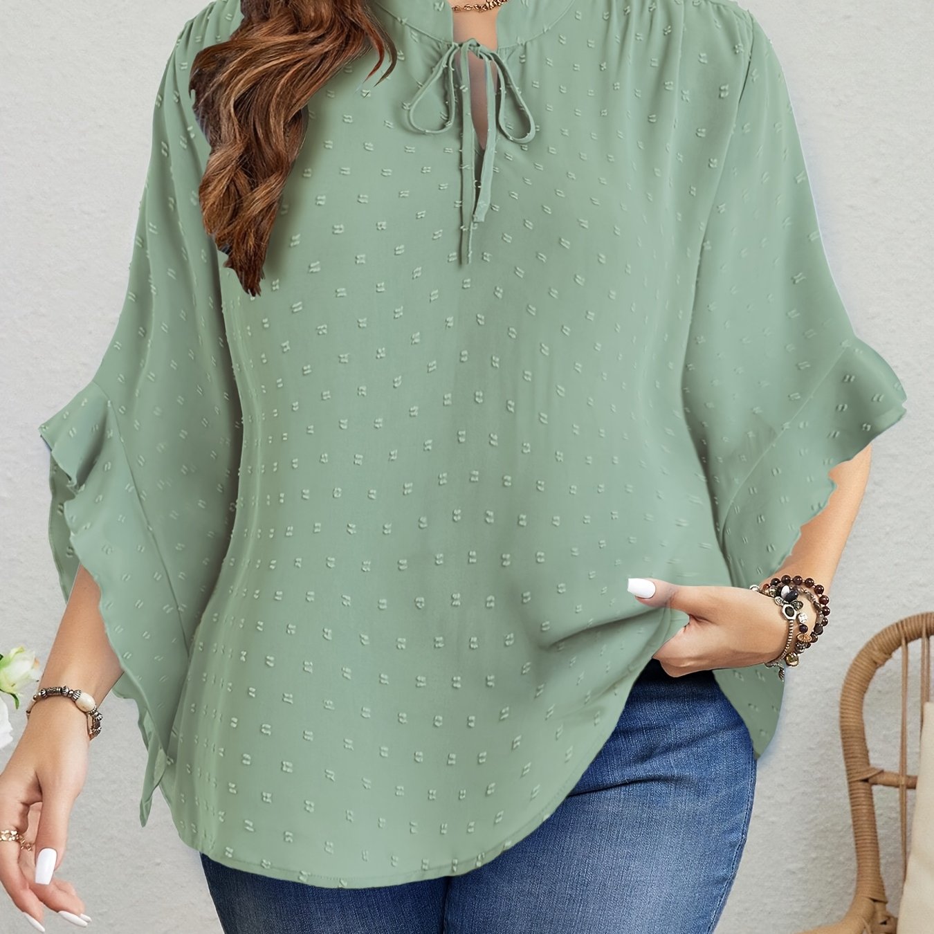 Bej Shveytsariya nuqtali bluz, ruffle bilan bezatilgan, bog'lamali bo'yin, uzun qo'lli, kuz vintage uslub