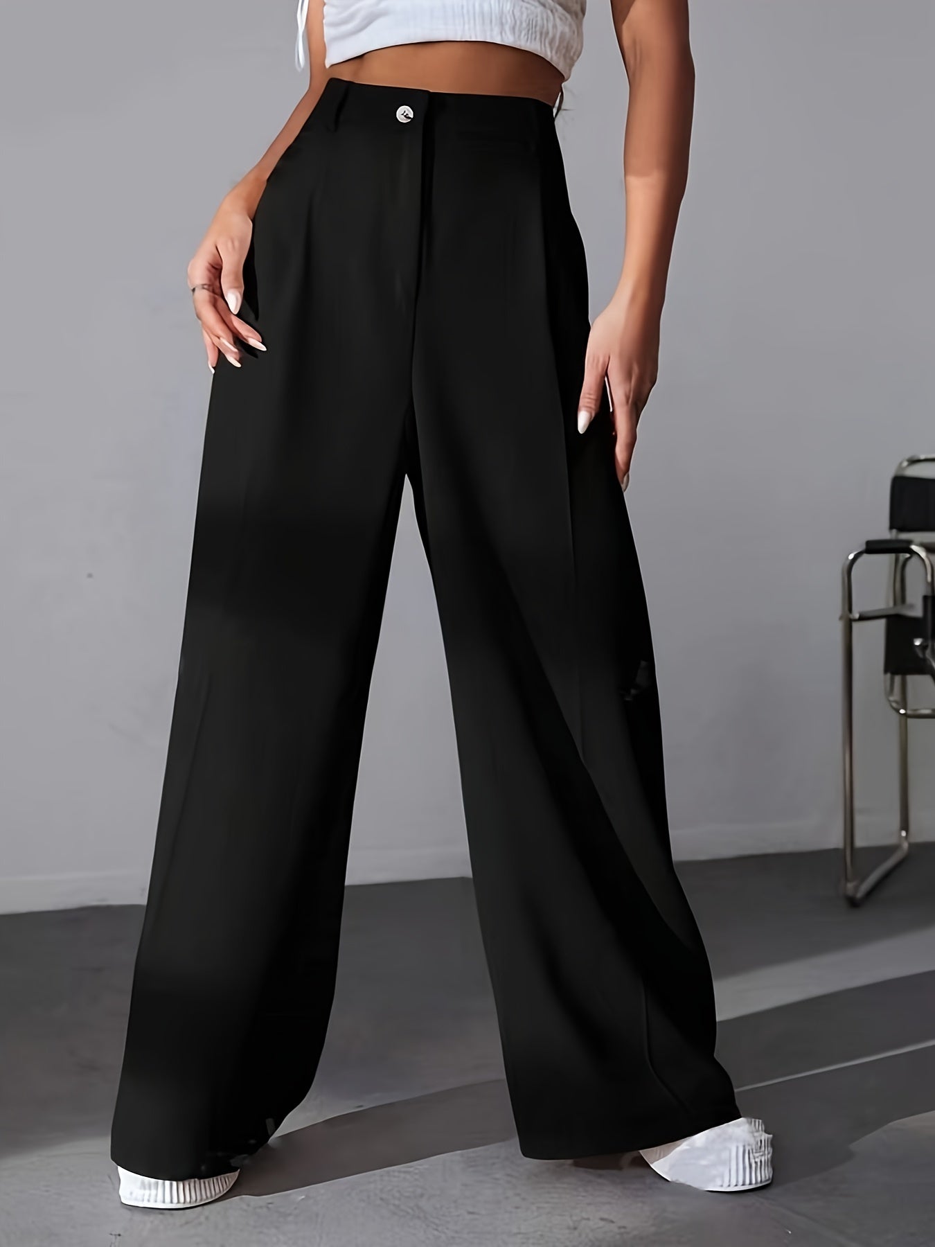 Women's High-Waisted Wide Leg Pants Solid Color Office Wear Polyester Elegant