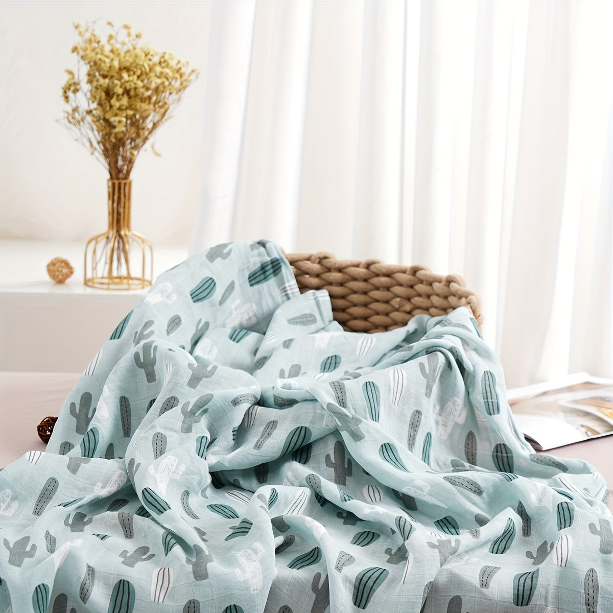 Baby Swaddle Blanket Soft Bamboo 2-Layer Plant Print for Sleep and Play