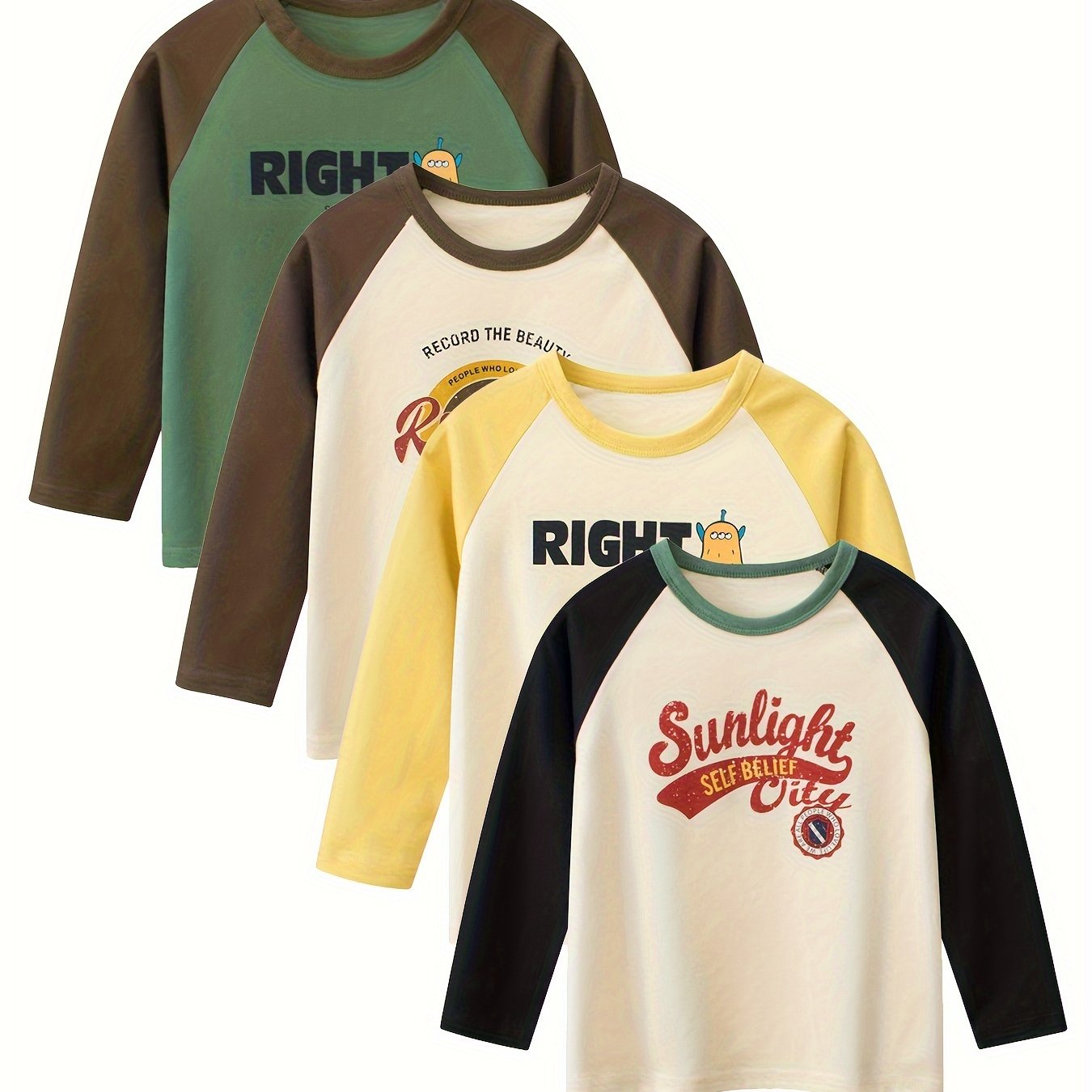 Set of 4 Boys' Cotton Long Sleeve T-Shirts with Cartoon Print Crew Neck for Spring Fall