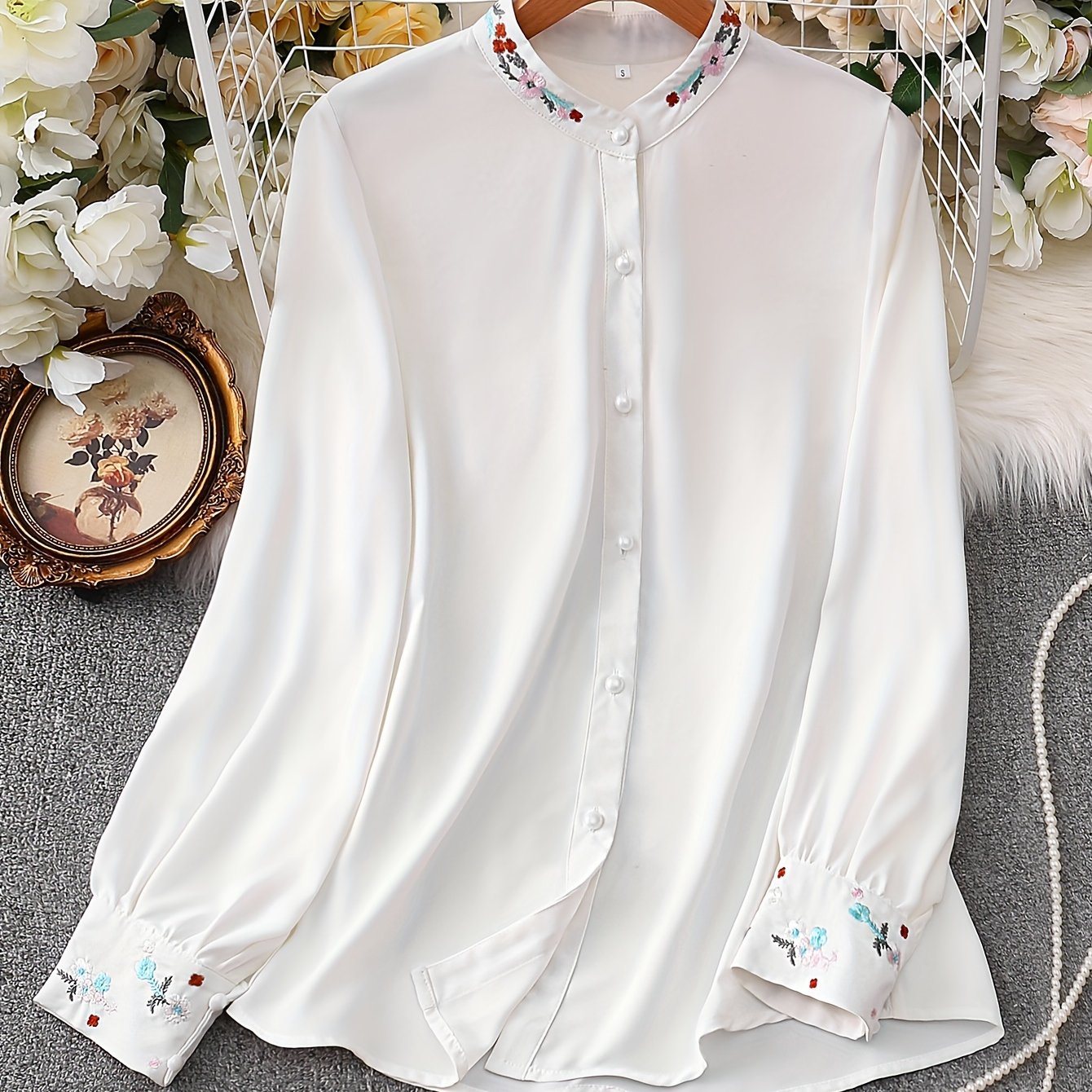 Women's Long Sleeve Embroidered Blouse with V-Neck and Button Front