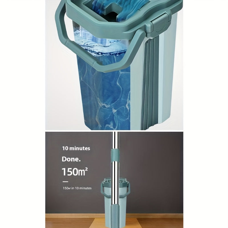 Stainless Steel Flat Mop Set with Bucket, Hands-Free Wringer, Microfiber Pads