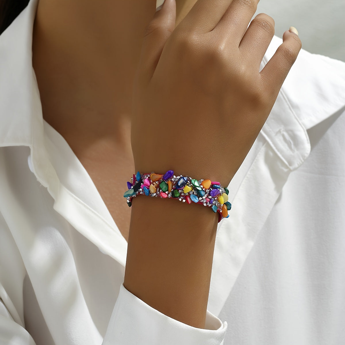 Boho-Inspired Wide Bangle Bracelet with Colorful Faux Gems and Rhinestones