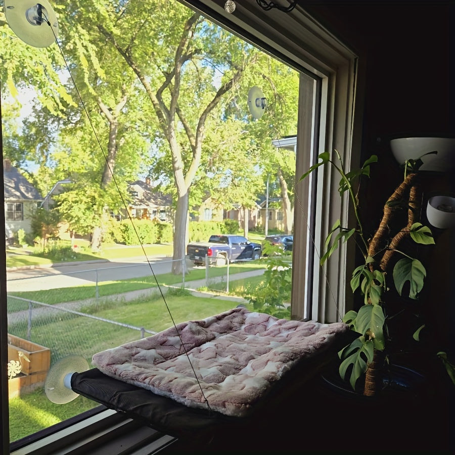 White and Gray Plaid Cat Hammock with Detachable Blanket and Secure Straps for Indoor and Balcony Use