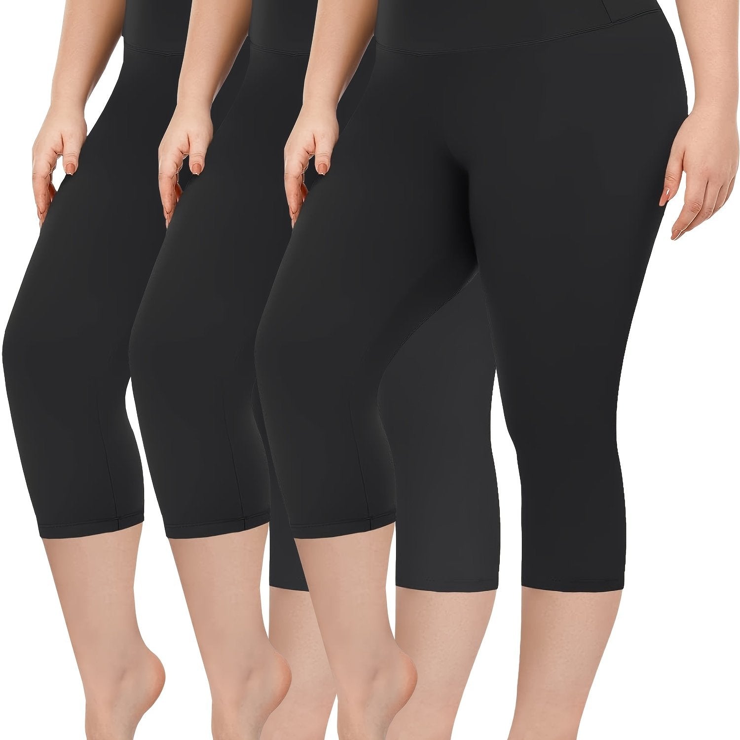 Plus Size Women's High-Waist Capri Leggings Solid Color Stretchy Casual