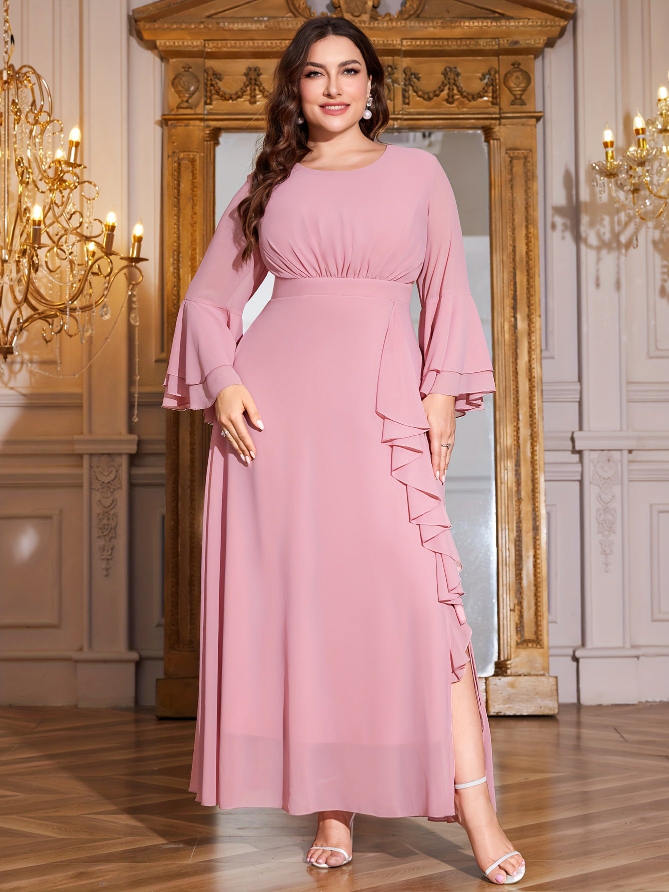 Plus Size Bridesmaid Dress Ruched Waist Ruffle Crew Neck Solid All-Season