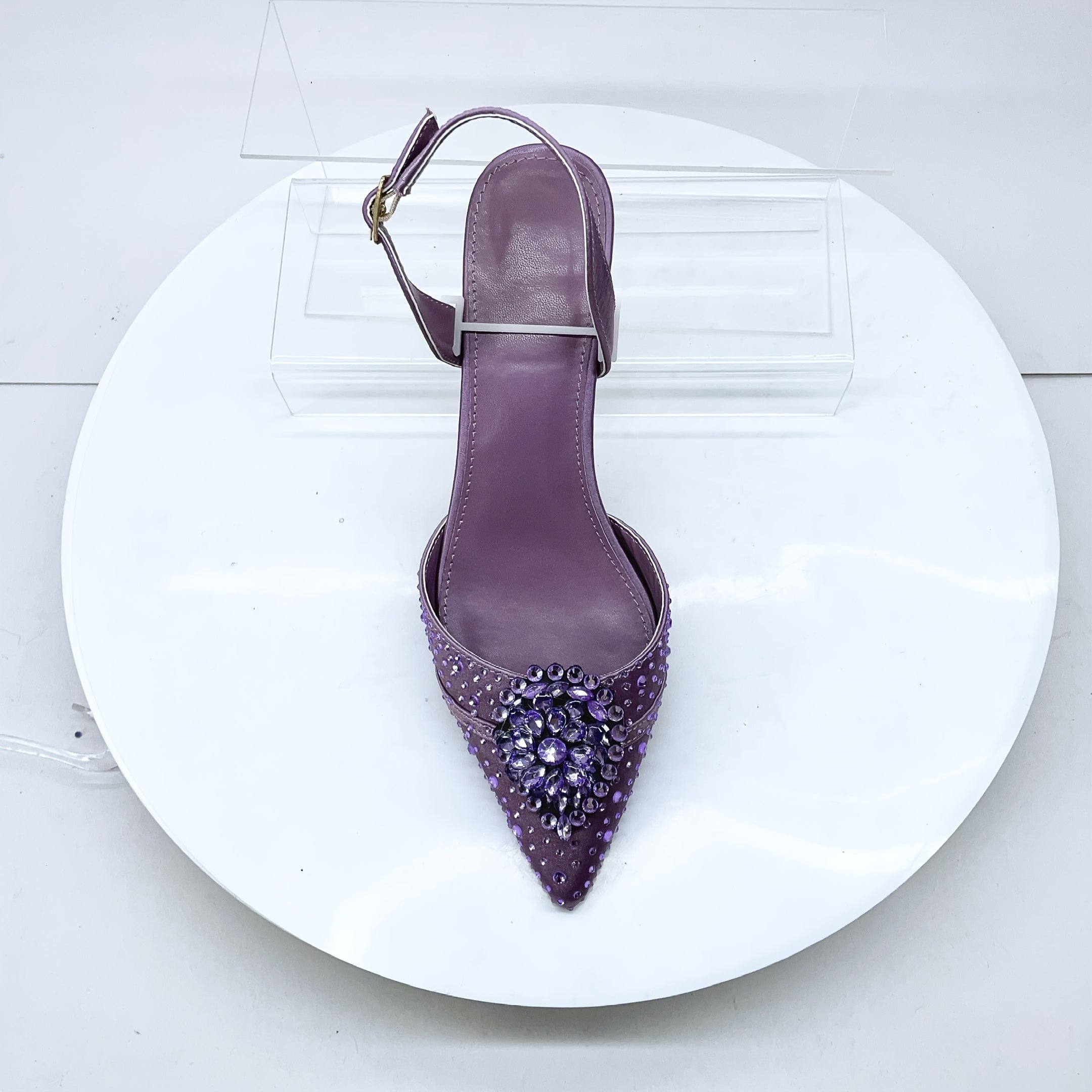Women Purple Pointed Toe Flare Heel Shoes with Rhinestones for Weddings