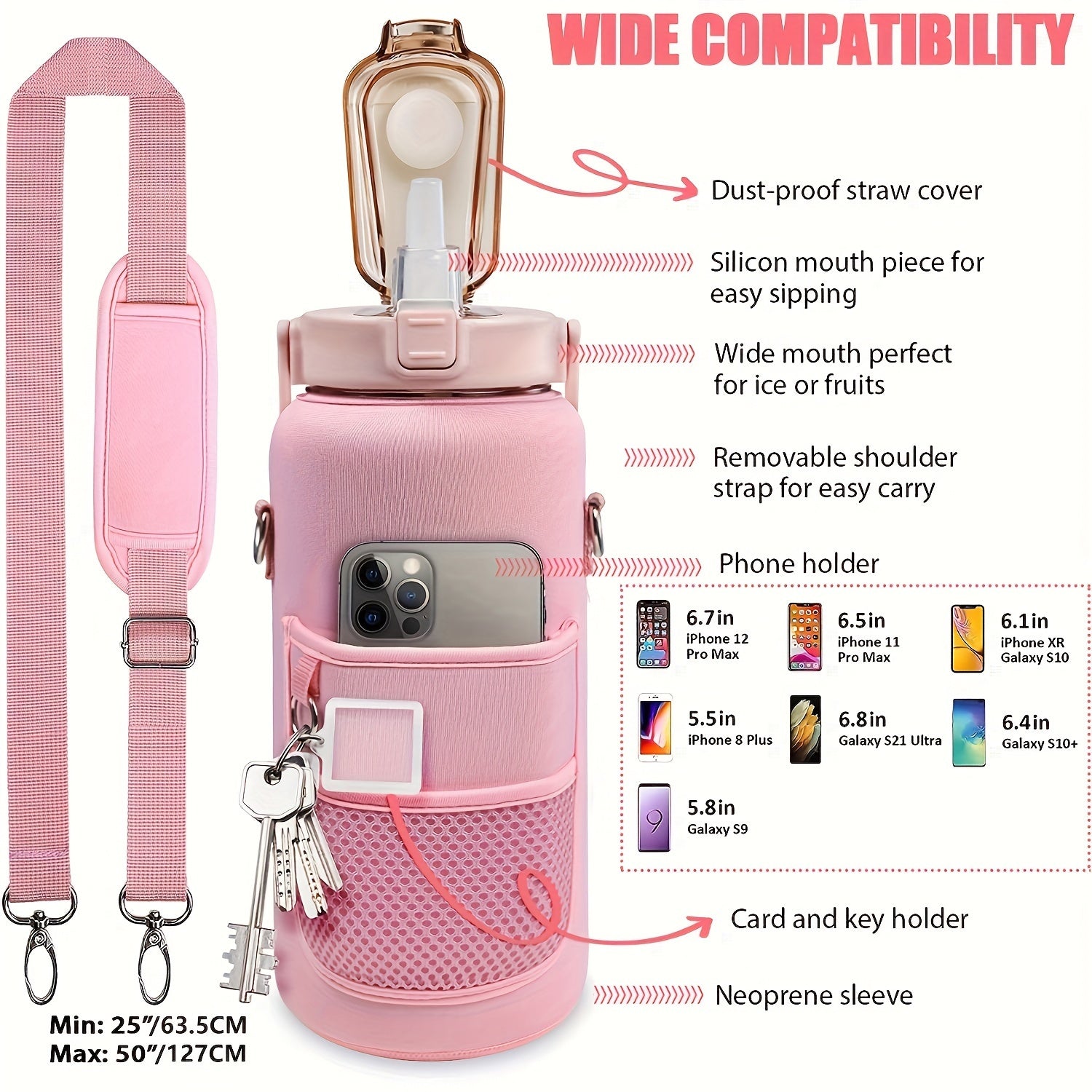 Botella de agua deportiva de 70oz de uso intensivo, a prueba de fugas, libre de BPA, con funda y pajita