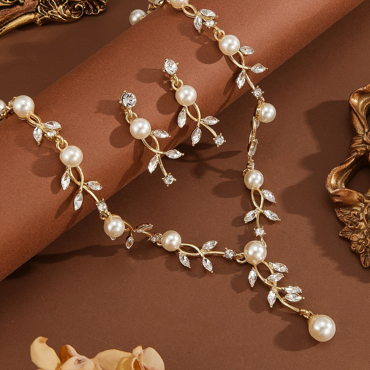 Faux Pearl Crystal Bridal Jewelry Set with Necklace and Earrings for Wedding and Special Occasions