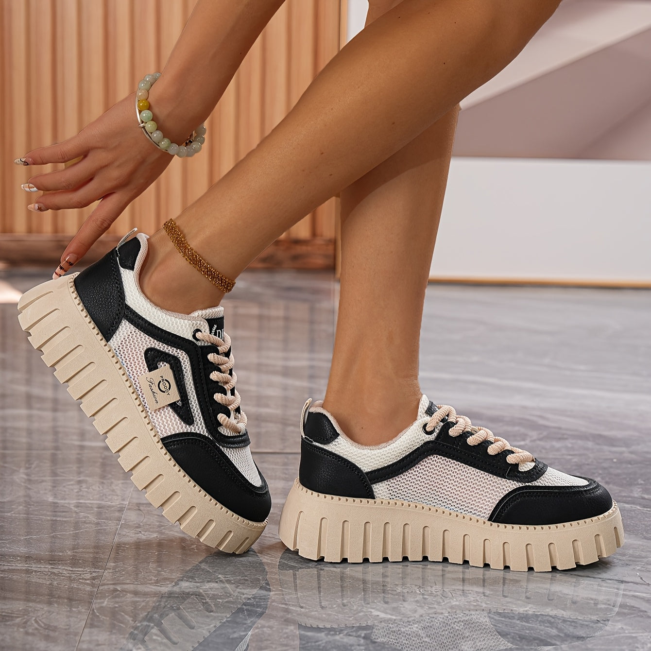 Women's Mesh Platform Sneakers White Cushioned Rubber Sole Summer Casual Shoes