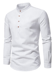 Men's Cotton Solid Long Sleeve Stand Collar Shirt for Summer Outdoor Activities