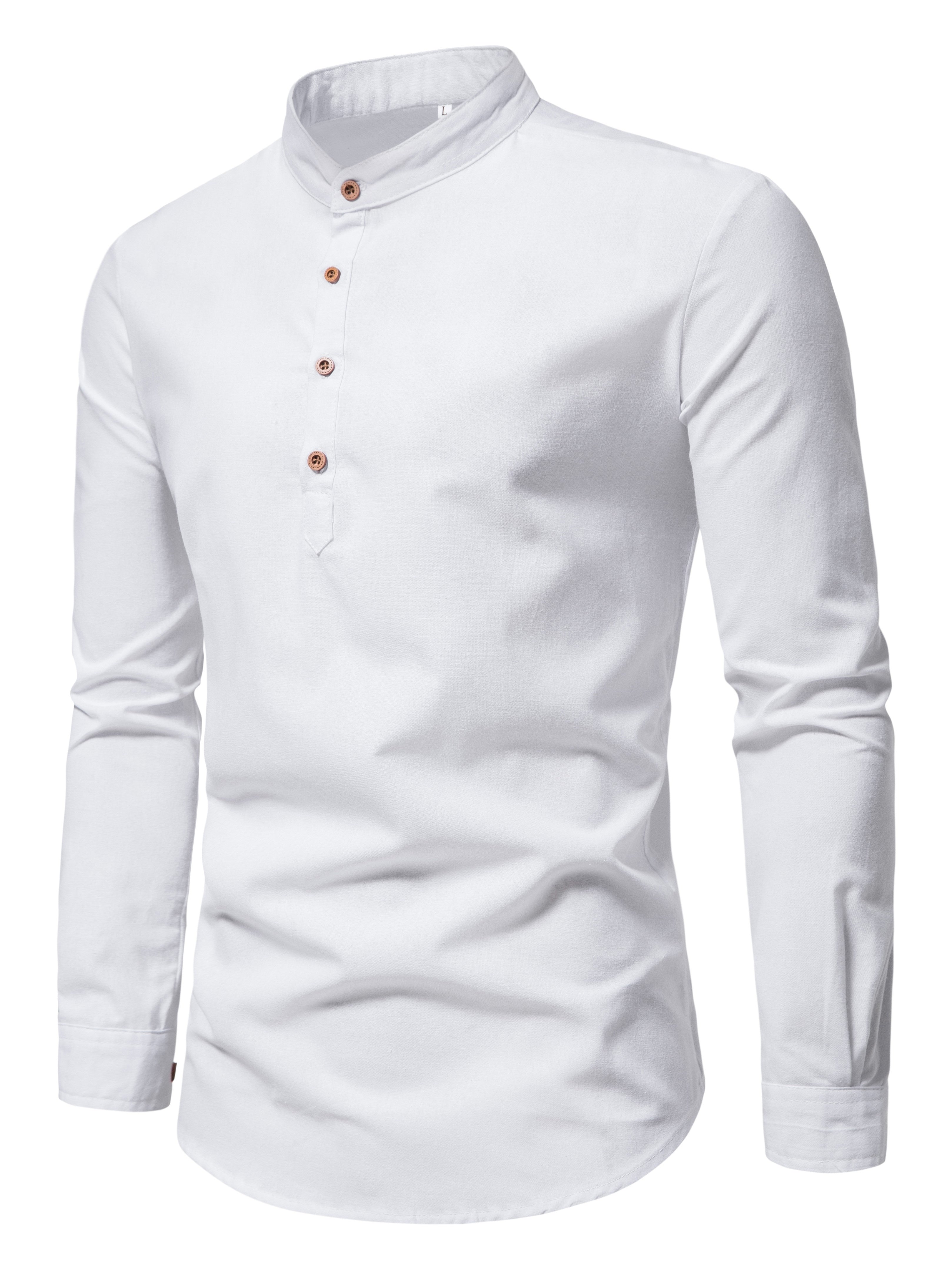 Men's Cotton Solid Long Sleeve Stand Collar Shirt for Summer Outdoor Activities