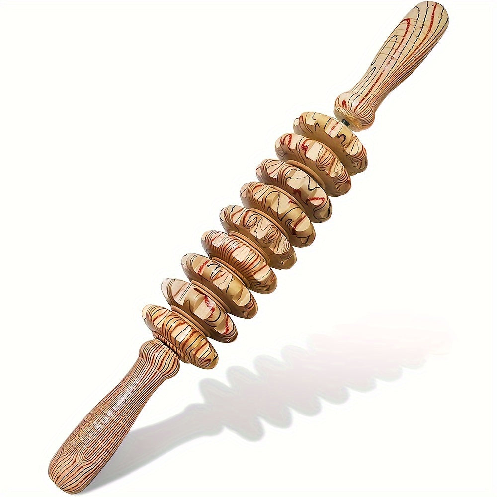 Wooden Handheld Massager with 9 Rollers for Muscle Relief and Wellness