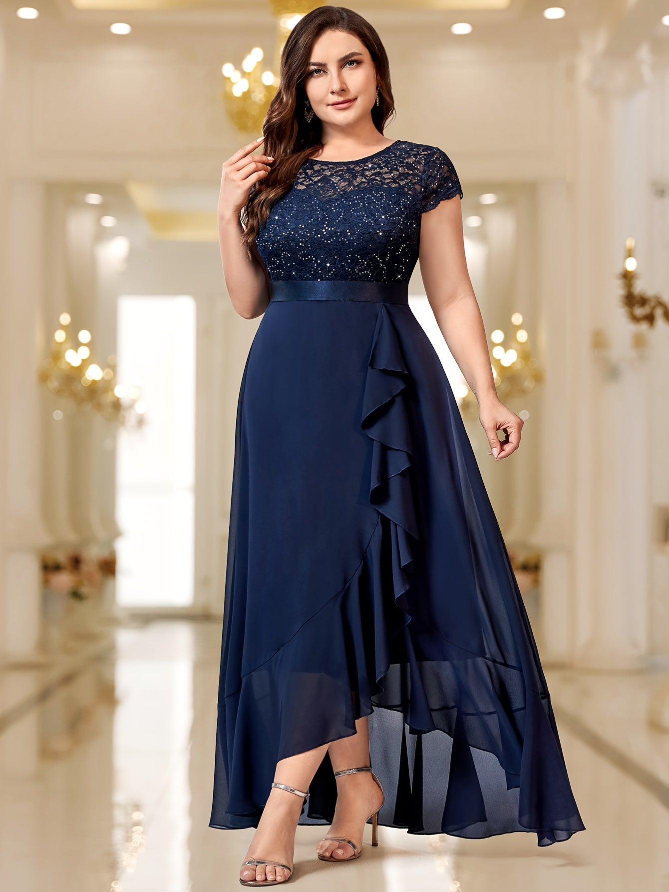 Plus Size Women's Long Dress with Sequin Lace Ruffle Hem Formal Party