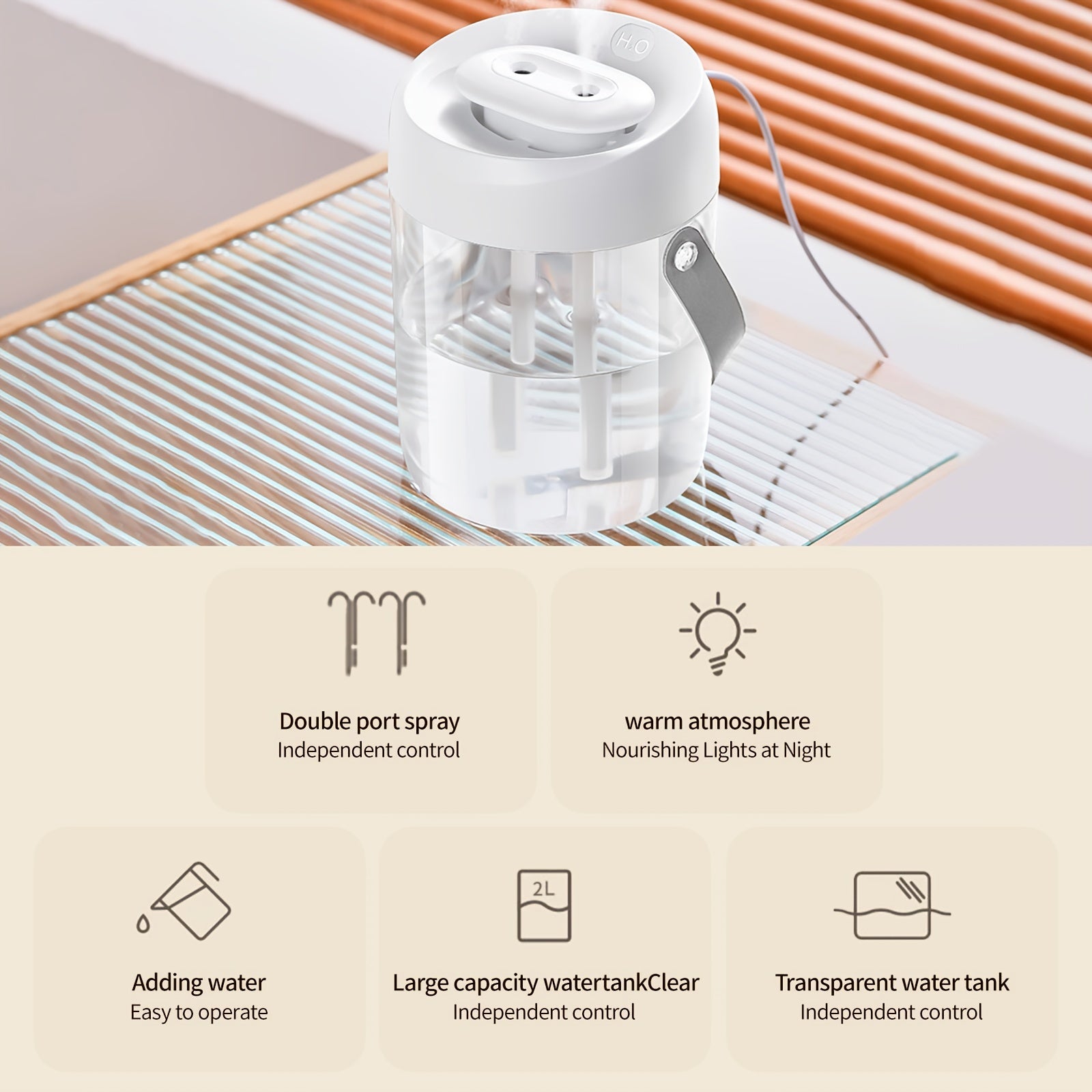 Dual Mist Humidifier 2L with Night Light, Auto Shut-Off, USB Powered