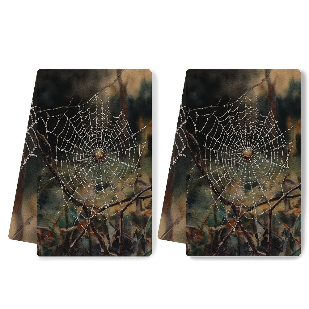 Set of 2 Ultra Plush Kitchen Towels Dewy Spider Web Design 40x60 cm Absorbent
