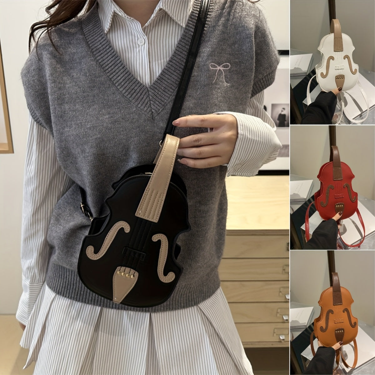 Black and White Violin-Shaped Crossbody Bag for Women with Adjustable Strap