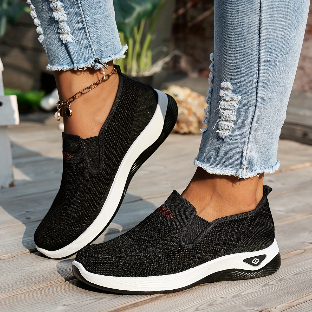 Women's Slip-On Casual Sneakers - Breathable Fabric, Rubber Sole, All-Season Black and White