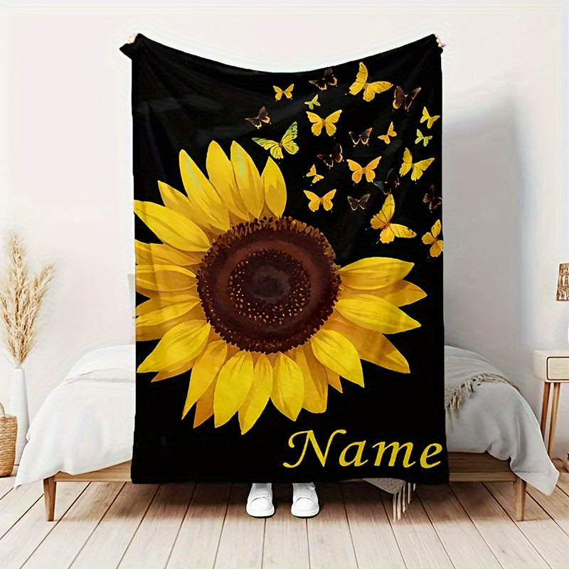 Personalized Sunflower and Butterfly Print Flannel Blanket Soft Warm Machine Washable All-Season