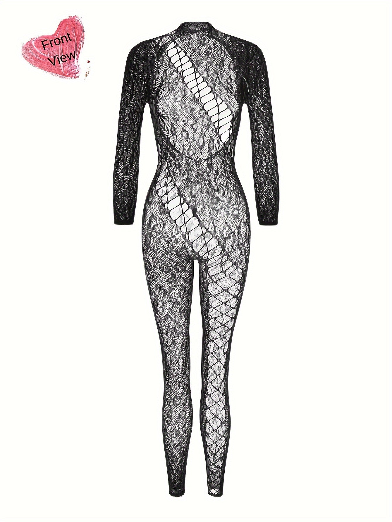 Women's Leopard Fishnet Bodystocking Long Sleeve Backless Lingerie
