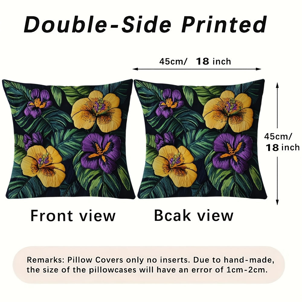 Square Pillow Cover with Tropical Floral Embroidery Polyester Zipper Closure for Home or Office Decor