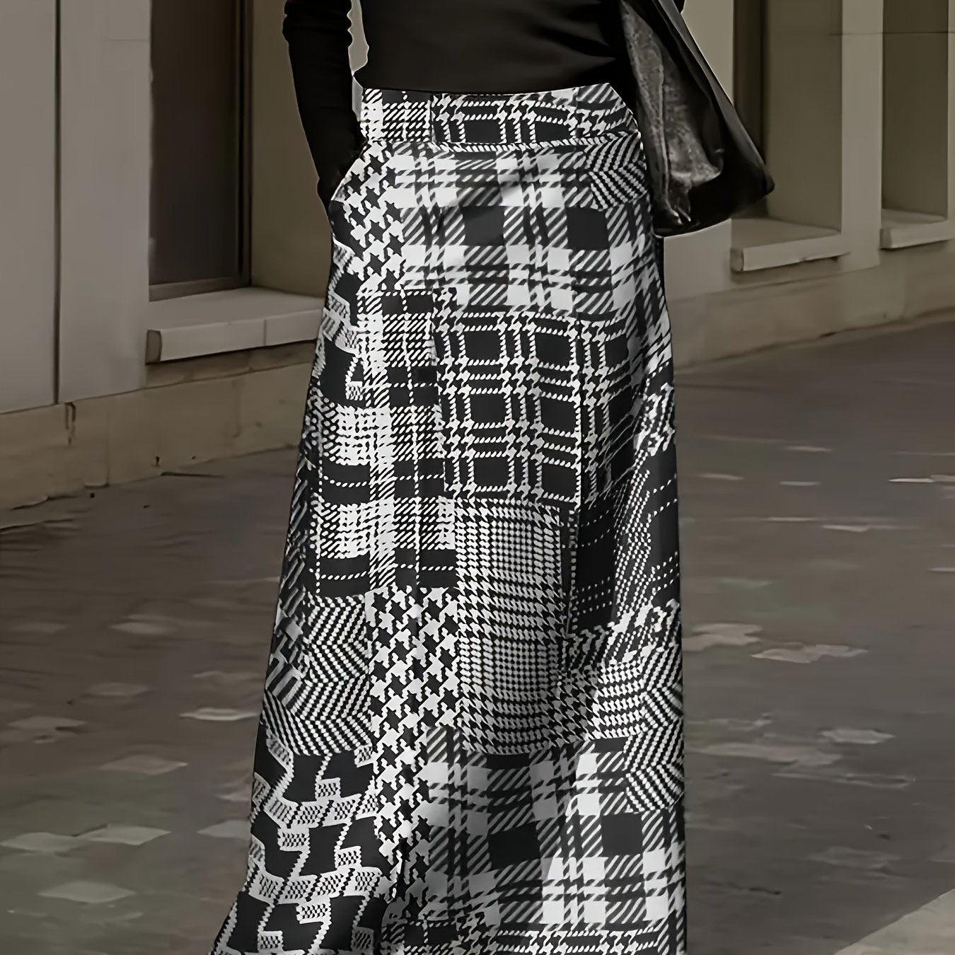 Falda larga de pata de gallo para mujer con tela elástica y cintura elástica, casual para otoño