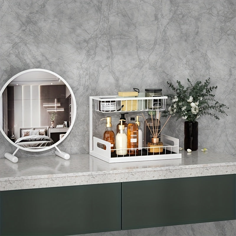 "Ikkita qatlamli tortib olinadigan lavaboda tashkilotchisi, karbon po'latdan yasalgan saqlash javoni oshxona va hammom uchun - condimentlar, ziravorlar, dori-darmonlar va kosmetikalar uchun ko'p funksiyali tokcha - Qora/Oq rangda mavjud"