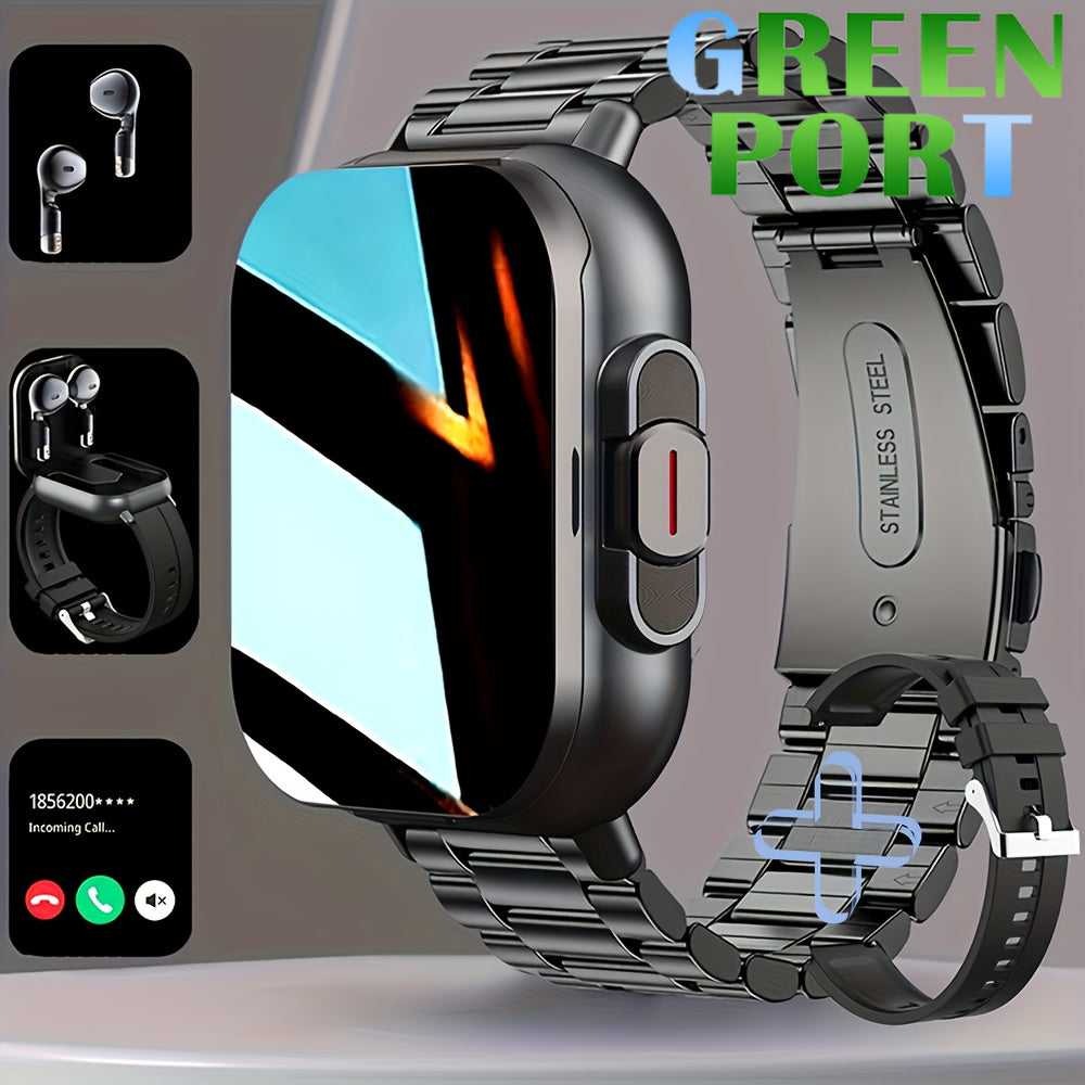 GREENPORT 2025 Aqlli soat, 5.11 sm kvadrat ekran, to'liq teginish nazorati, 2-in-1 simsiz quloqchinlar - Fitness kuzatuvchi, Musiqa ijro etish, Uxlash monitori, Ob-havo yangiliklari, Bir nechta sport rejimlari