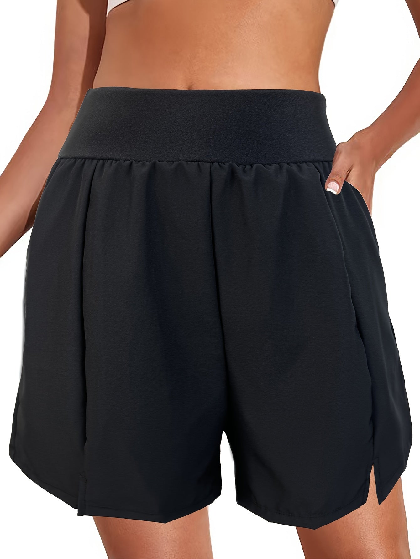 Women's High-Waist Swim Shorts Solid Nylon Spandex Non-See-Through Pockets