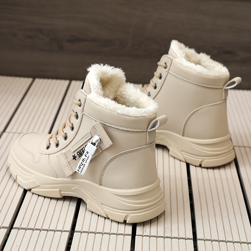 Women's Faux Leather Mid-Top Sneakers with Thick Platform Sole Beige Cold Weather Shoes