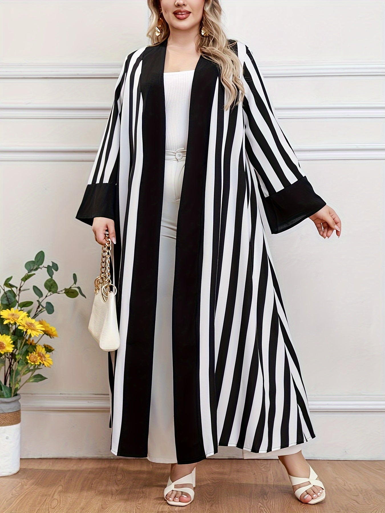 Plus Size Stripe Pattern Kaftan Coverup Long Sleeve Open Front Womens Clothing